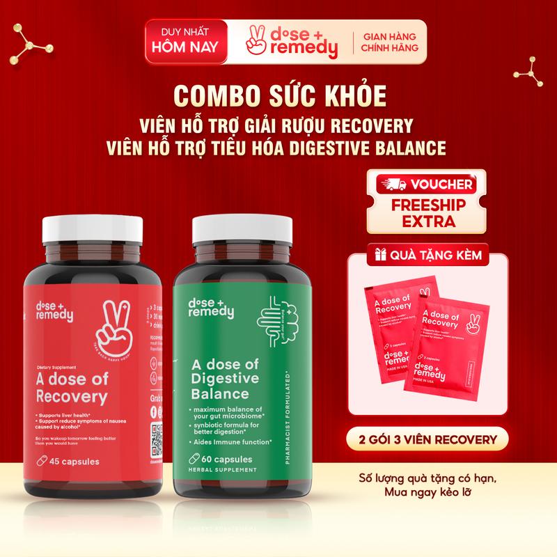Combo Viên Uống Hỗ trợ giải độc rượu, giảm các triệu chứng do rượu bia, bảo vệ gan (A dose of Recovery) + Viên Uống Hỗ trợ cân bằng hệ tiêu hoá, phân giải thực phẩm khó tiêu, cân bằng vi sinh đường ruột (A Dose of Digestive Balance) 0