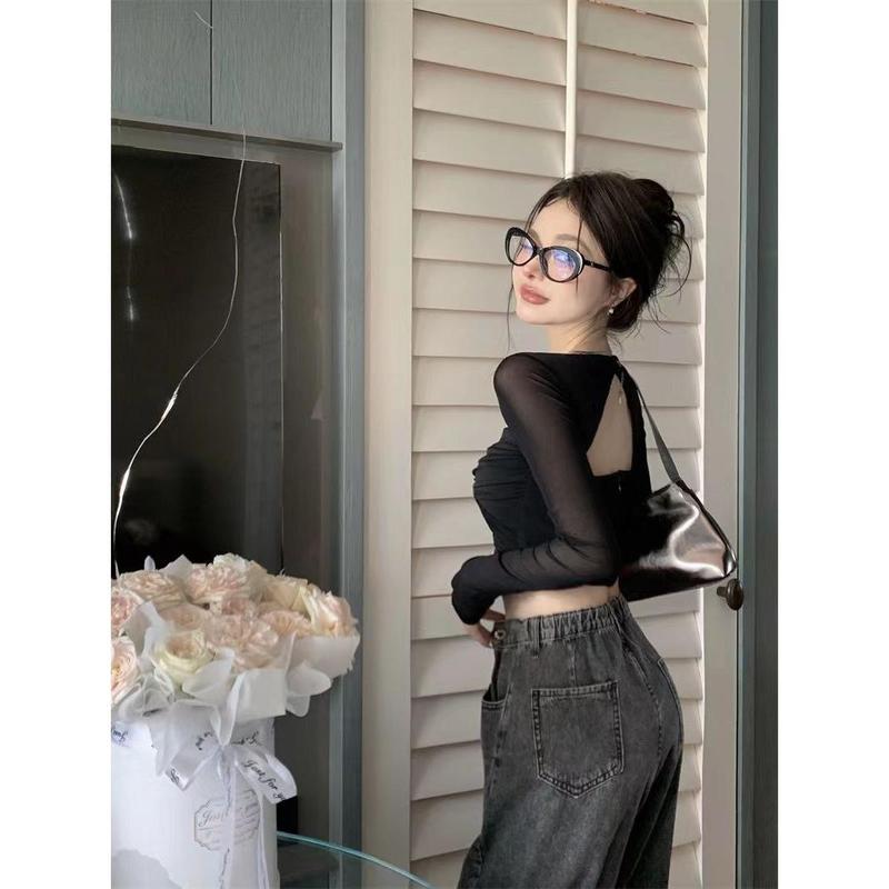 Áo Phông Dài Tay, Cổ Áo Cắt Vuông Màu Trắng, Dành Cho Nữ, Trang Phục Mùa Hè, Thiết Kế Đẹp, Thích Hợp Cho Cô Gái Nóng Bỏng, Với Lưới Khâu, Bó Sát Và Độc Đáo, Áo Ngắn Gợi Cảm 3