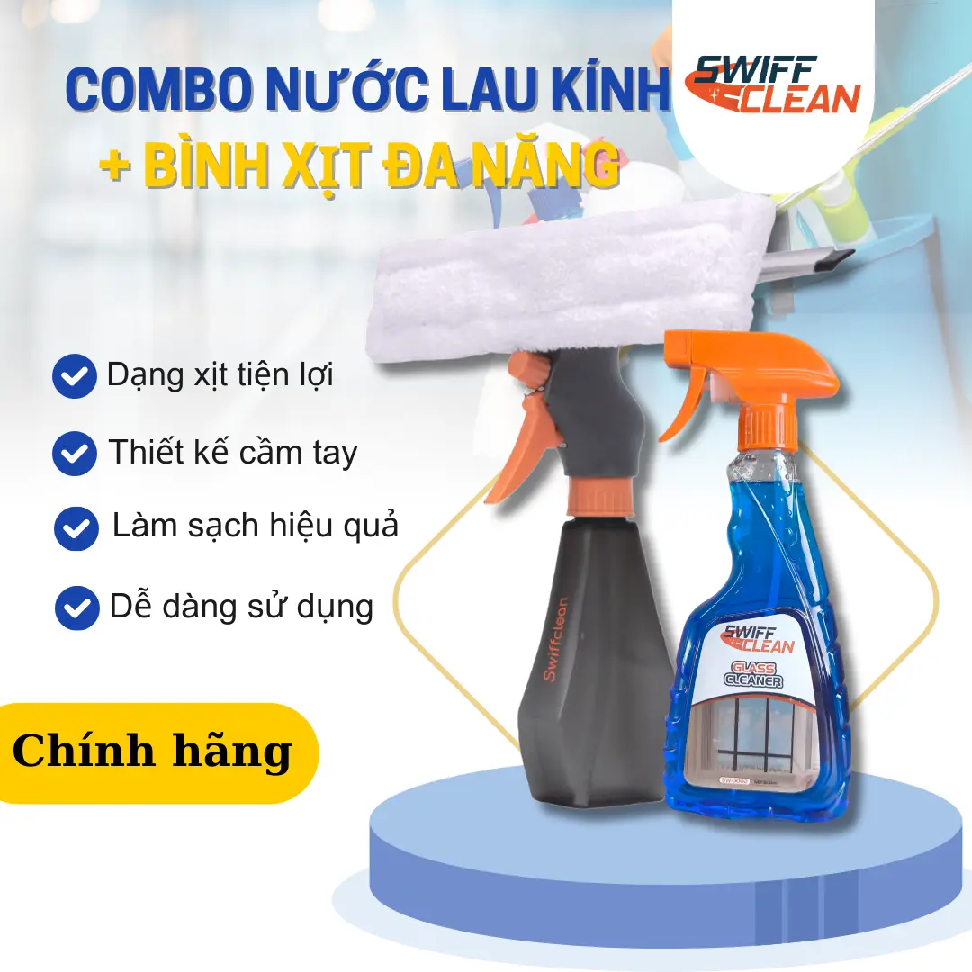 SWIFFCLEAN Combo Nước Lau Bếp, Nước Lau kính, Chổi Lau Kính Đa Năng 4 Trong 1 Làm Sạch Vết Bẩn Cứng Đầu Trên Bề Mặt, Không Cặn, Không Gây Hại Cho Tay, An Toàn Khi Sử Dụng 500ml