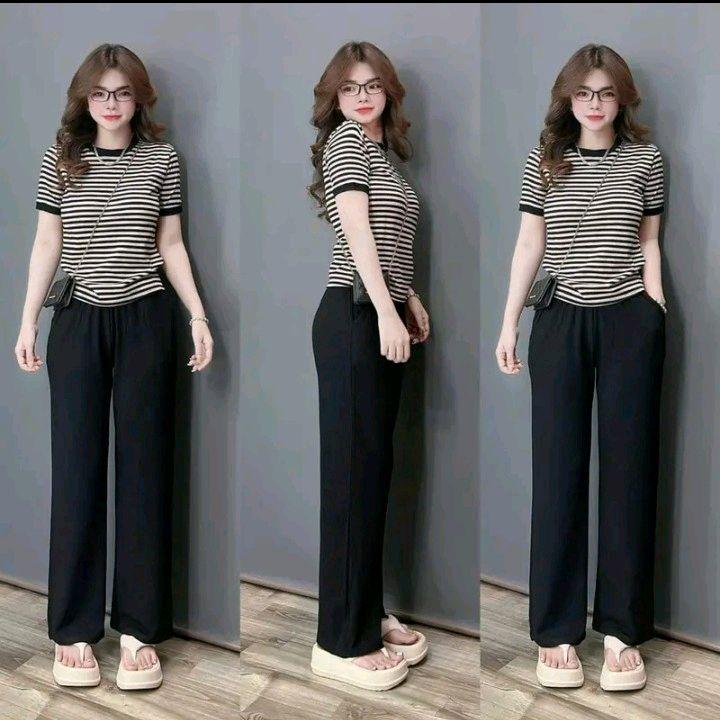 SÉT BỘ THUN TĂM LẠNH  XỌC MIX   SUÔNG NỮ áo dạ quần ống rộng party và đường phố quan boong