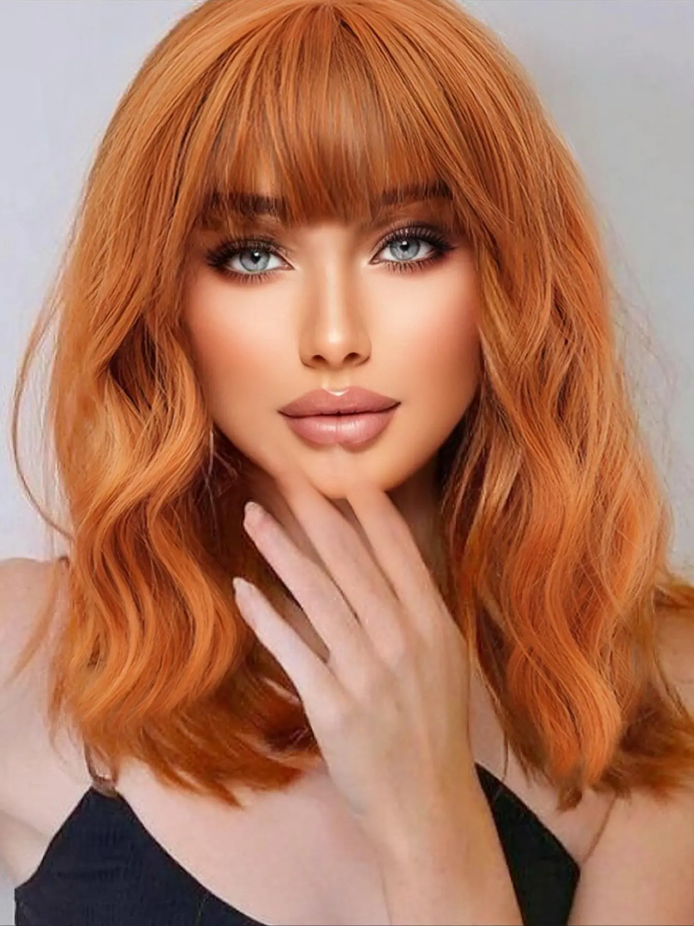 16 Inch Orange Short Wavy Bob Wigs for Women, Gorgeous Fluffy Wigs with Bangs, Synthetic Full Machine Wigs for Party, Daily Use