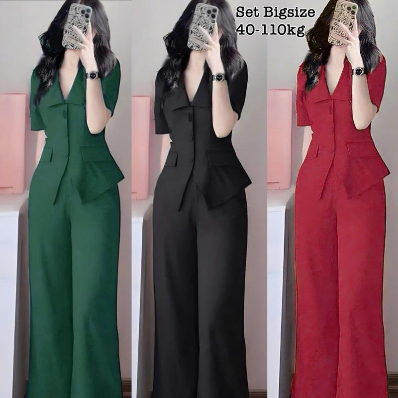 Thời Trang Bigsize - Set Bộ Dài Tay Ngắn Bigsize Cổ Vest Quần Ống Suông Lụa Chéo Thái Thiết Kế Dự Tiệc Nữ Cao Cấp Xinh Đẹp Sang Trọng 50-95kg Top Màu Nâu Sen Màu Đen Set Đồ Nữ đẹp Set Áo Croptop Bộ Suit Nữ Sang Chảnh Bigsize Women Xanh Rêu set vest