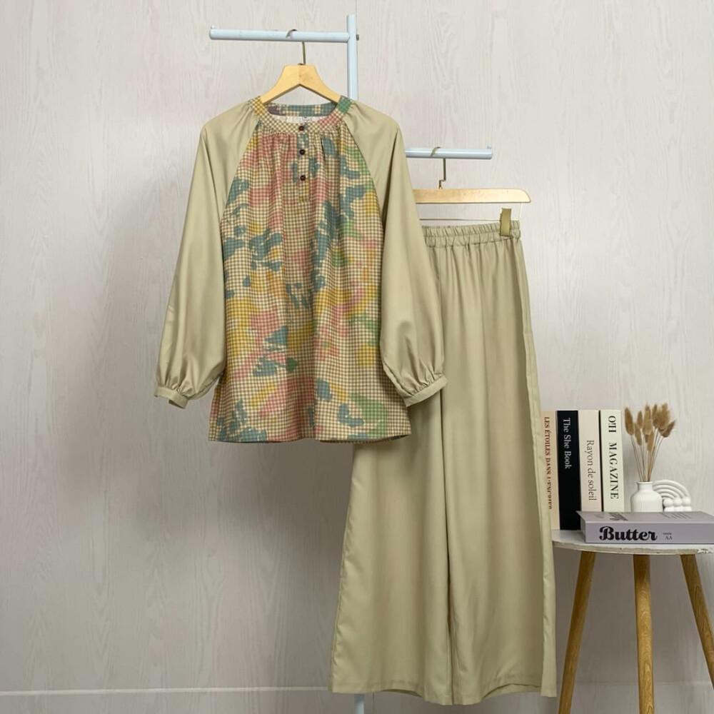 [NEW]Asaya Setelan kemeja dan celana panjang lengan panjang dengan warna blok modis terbaru