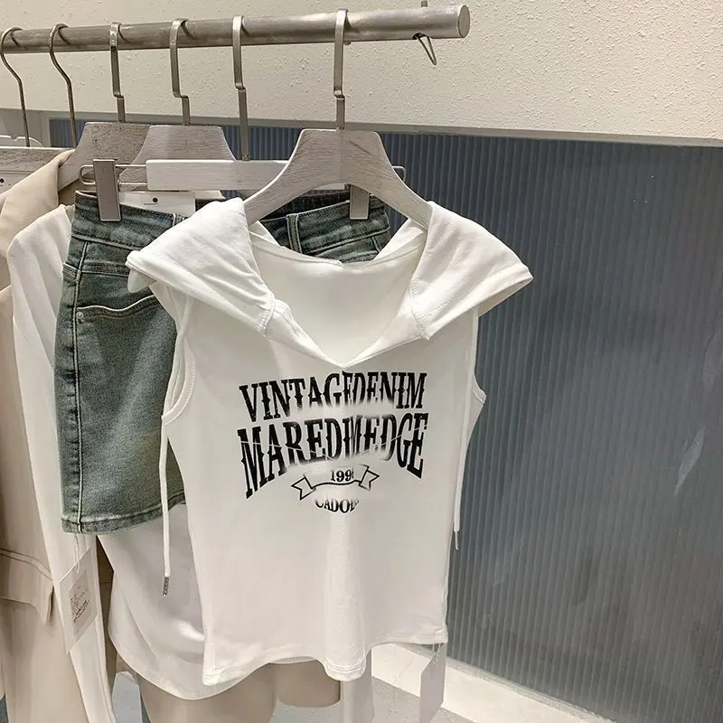 Áo Ghi Lê Có Mũ Trùm Đầu Không Tay, In Chữ, Dáng Ôm, Áo Vest Ngắn, Áo Thun Và Áo Hàng Đầu, Dành Cho Nữ, Thường Ngày Độc Đáo, Dễ Phối Đồ