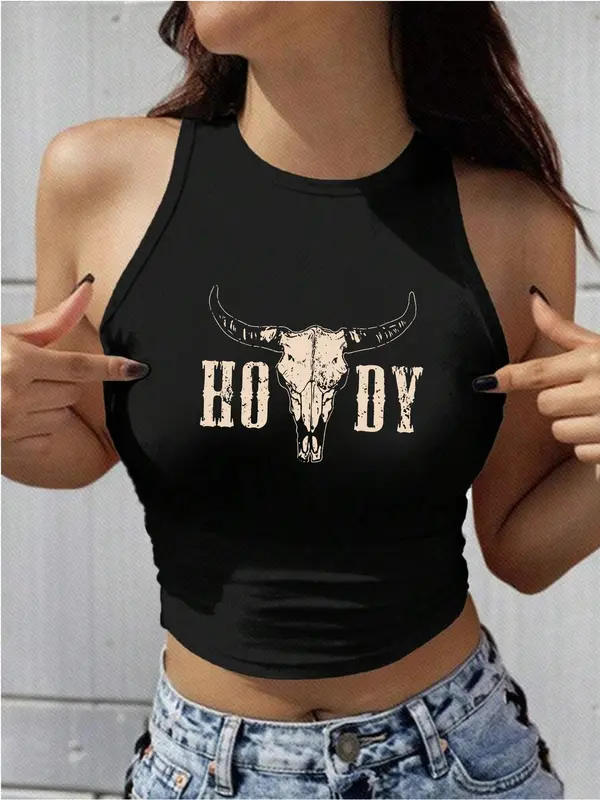 Women's Bull Head & Letter Print Round Neck Tank Top, Casual Sleeveless Graphic Top for Summer, Ladies Clothes for Daily Wear, Clothing,  Summer Top 4