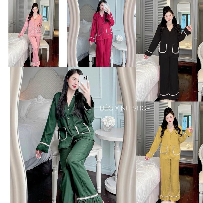 Đồ Bộ Pijama Bigsize Vải Lụa Mai Ngô Phối Satin Tay Dài 50-100kg Mặc Cực Thích Nữ Áo Ngủ Quần Ngủ