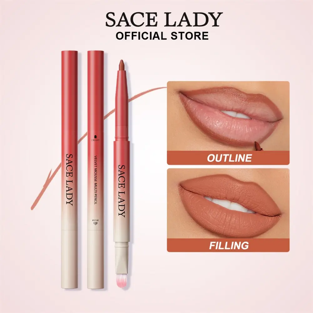 Pensel Pelapik Bibir Duo, SACE LADY, Gincu Pusam, Pelapik Bibir Sangat Berpigmen, Penggunaan Berbilang, Pen Gincu Licin, Kosmetik Bibir
