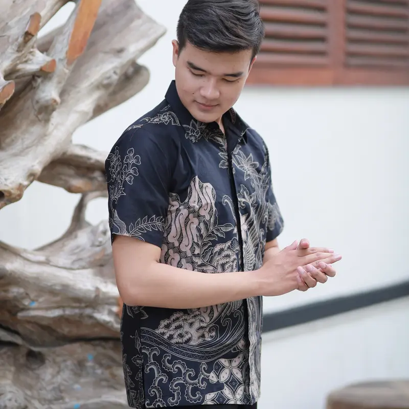 HAMENGKU Kemeja Batik Pria Original Solo Lengan Pendek Terbaru Motif Terlaris Lapis Furing katun panjang baju Slimfit Hem Ungu 3
