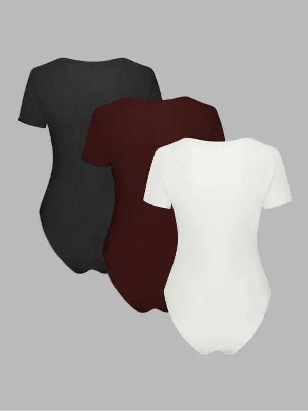 Women's Solid Color Bodysuit, Casual Comfy Breathable Short Sleeve Bodysuit for Summer, Ladies Clothes for Daily Wear 1