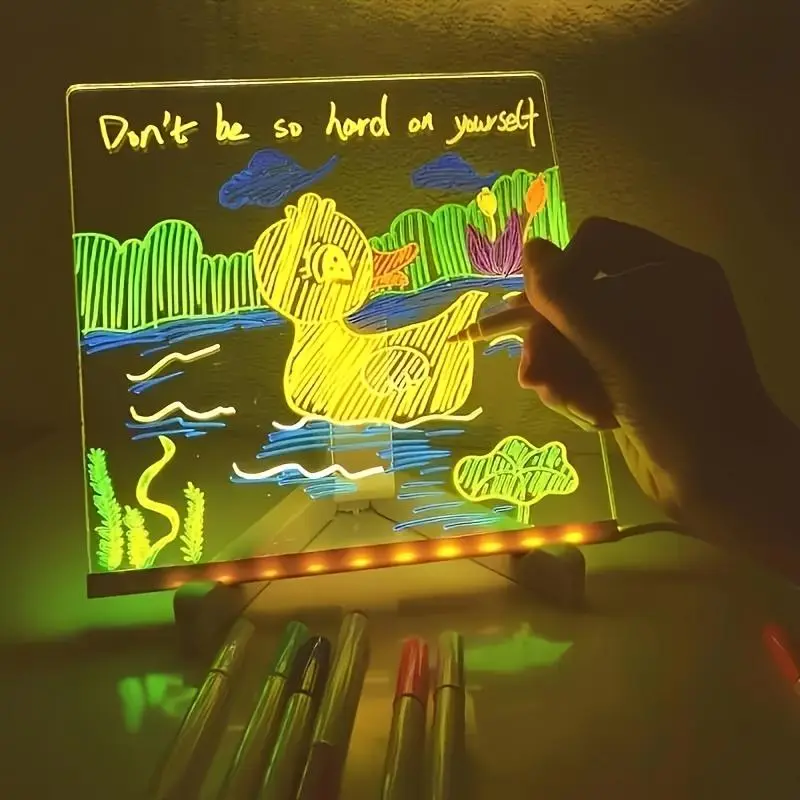 LED Note Board with 12 Color Pens, USB Powered Message Writing Board, Graffiti Board with Light & Bracket, Dry Erase Drawing Board for Home Room Decoration 3