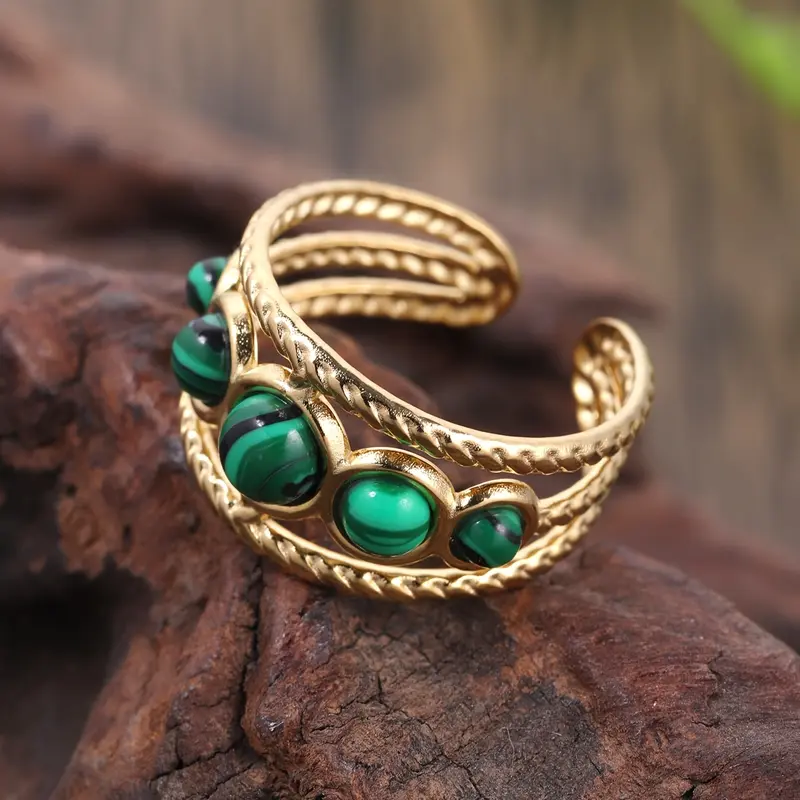 One Women Bohemian Simple Wide Face Geometric Inlaid Green Stone Open 304 Stainless Steel Ring Wide Face Hollow Design Suitable for Daily Prom Banquet Music Festival Holiday Jewelry Accessories Gifts 0