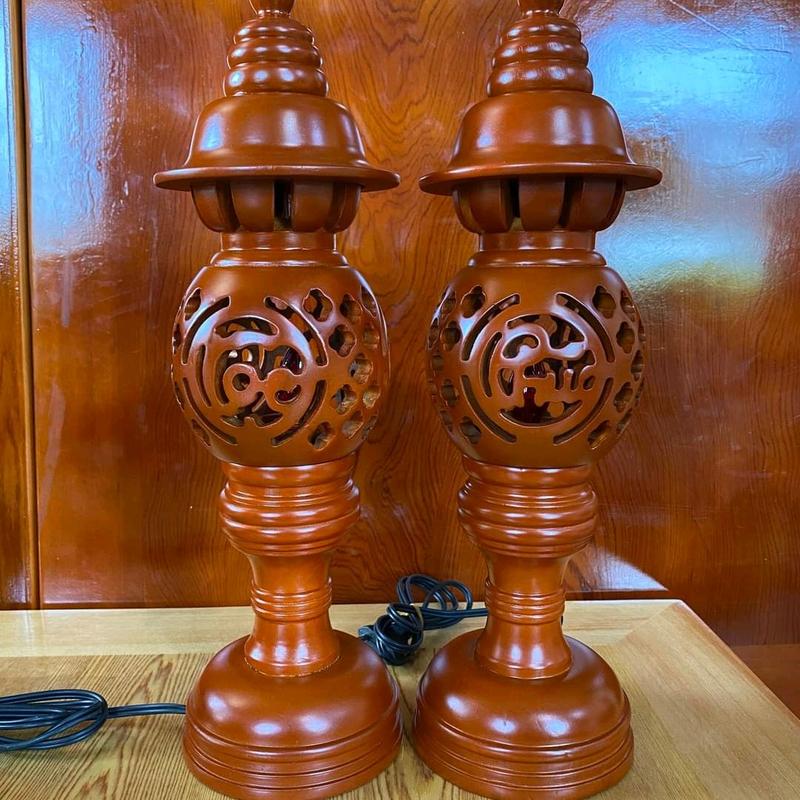 1Đôi(1 cặp=2 chiếc) Đèn Thờ gỗ điện TỔ ONG và PHÚC - LỘC- THỌ( Gỗ Sà Cừ )để cúng Phật Gia Tiên Phong Thủy( 36cm, 41cm và 48cm) Decor Decor Phòng Trang Trí Nhà