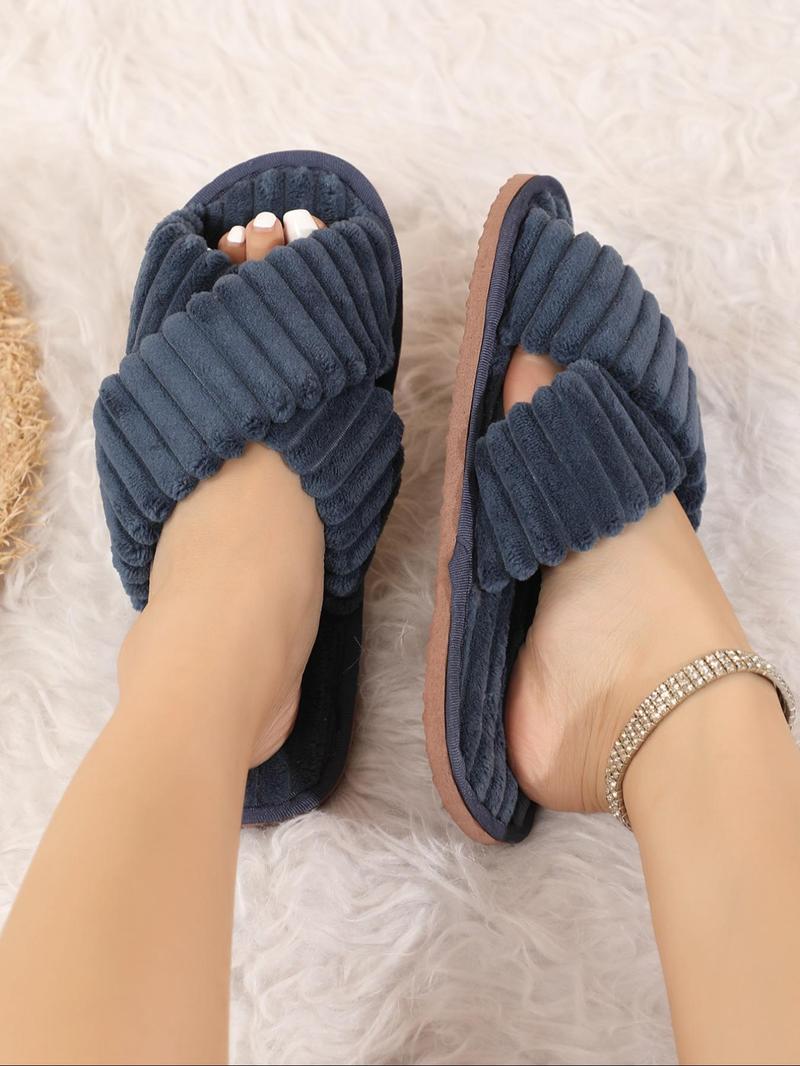 Product Introduction of Women's Solid Color Criss Cross Design Plush Slippers, 2024 New Style Casual Soft Comfortable Home Slippers, Warm Slippers for Indoor & Outdoor Use for Fall & Winter 18