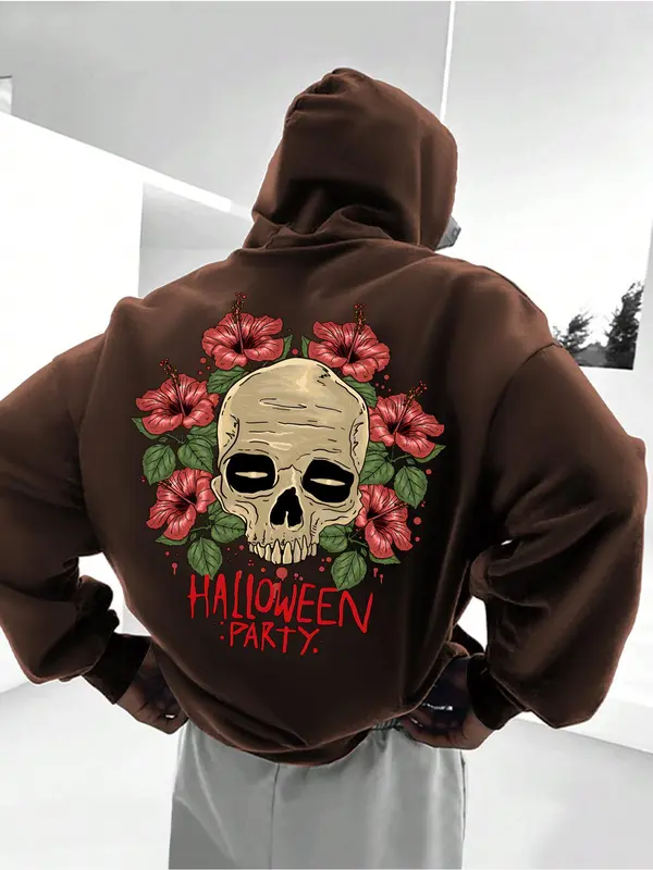 Men's Skull & Floral Print Drop Shoulder Thermal Lined Hoodie, Fashion Casual Drawstring Pocket Hooded Sweatshirt for Daily Holiday Outdoor Wear, Men Clothes for Fall & Winter 6