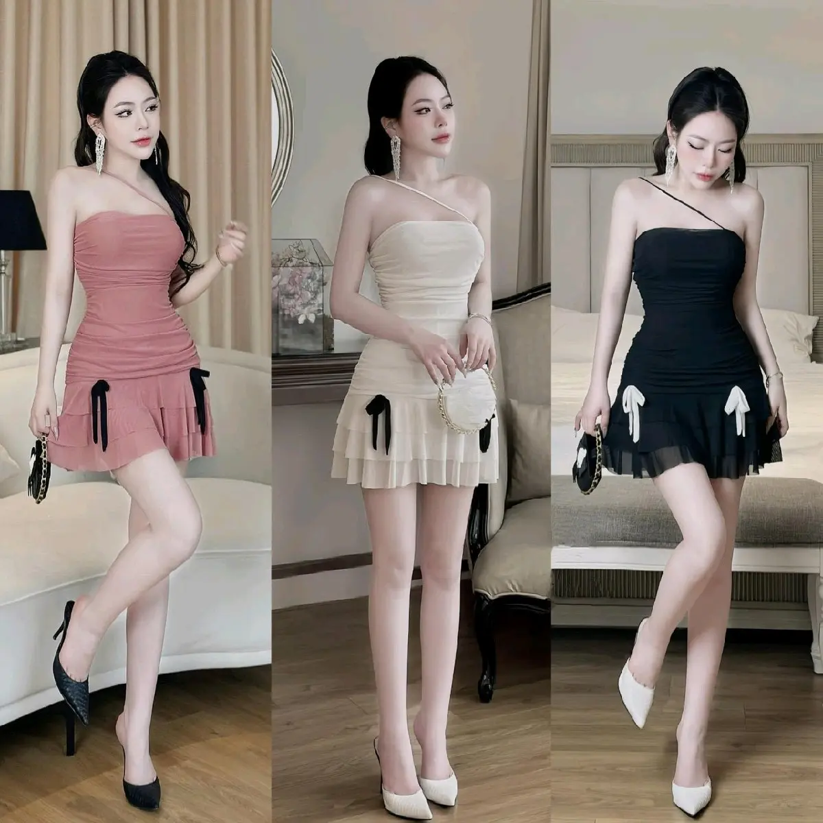 Váy Tầng Thun Lưới Cao Cấp Ôm Body Dáng Ngắn, Đầm Ngắn Body Sang Trọng Đi Chơi Đi Tiệc Women Dress điệu đà corset vaytet Nhung Trắng đầm  dây  nữ  tiểu  thư pinky 3