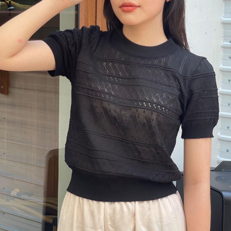 Áo Nữ Thiết Kế Mùa Hè, Họa Tiết Kẻ Sọc Kim Cương, Cổ Tròn Hàng Loại 1 Nữ Women Kem Top Nhung Thoáng khí 9