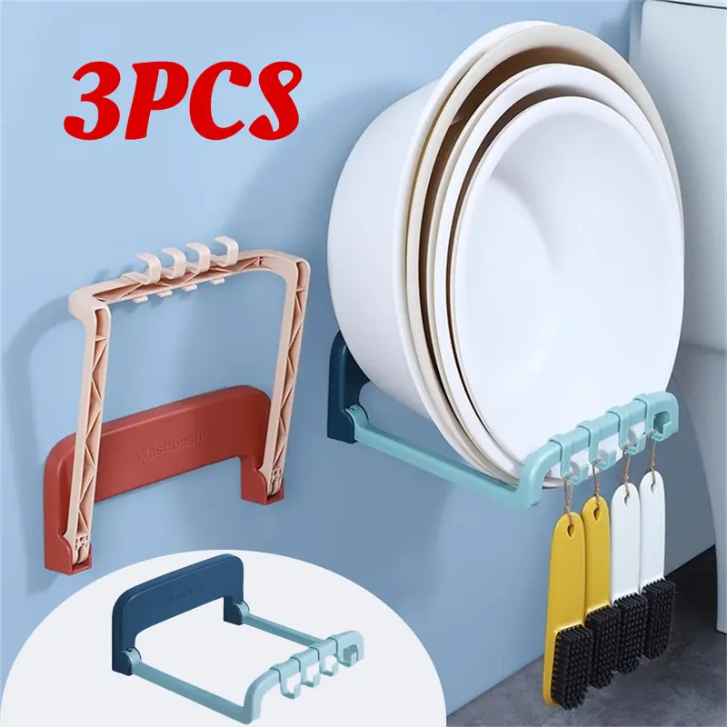 Giá Đỡ Chậu Rửa Gắn Tường Có Thể Gập Lại, Móc Tự Dính, Tiết Kiệm Không Gian, Giá Đựng Đồ, Giá Đỡ Chậu Rửa, Phụ Kiện Phòng Tắm 0