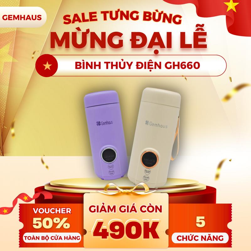 [CẮM ĐIỆN - MÀU TÍM] BÌNH THỦY ĐIỆN MINI GEMHAUS MÀU TÍM Công suất 400W, với 5 chế độ nhiệt tiện lợi: đun nước, pha sữa, pha cafe, giữ ấm, chỉnh nhiệt độ tuỳ ý