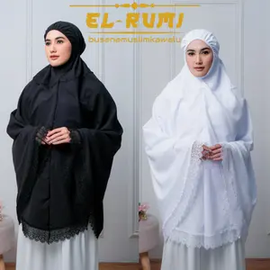 ELRUMI OFFICIAL - Bergo Umroh dan Haji Dewasa Wanita bahan Katun Premium Khimar cantik hitam putih Panjang Renda Zipper Syari Muslim Jilbab Instan