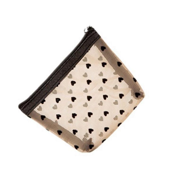 Product Introduction of High Quality Heart Transparent Mesh Makeup Bag Multifunction Portable Ladies Toiletry Storage Bag Black/White/Beige Lipstick Organizer Bags 28