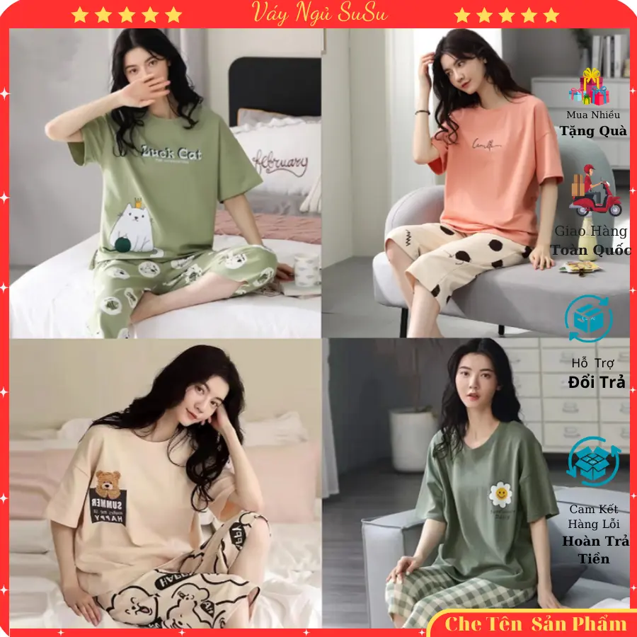 Bộ đồ ngủ nữ mặc nhà mềm mát dáng ngố / lửng họa tiết rễ thương  V7920 ,  Đồ ngủ nữ , Bộ đồ ngủ mặc ở nhà nữCotton Women