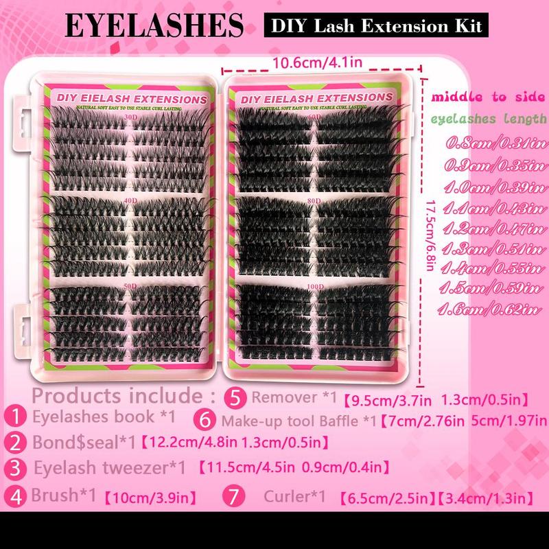 Eyelash Extensions Kit, 1 Set Eyelash Clusters with Eyelash Glue & Tweezers & Brush & Eyelash Curler & Makeup Tools, Eye Makeup Accessories, Cosmetic 1