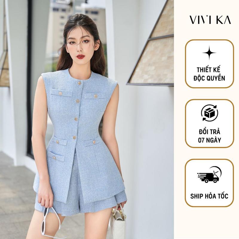 VIVIKA - Bộ set tex áo sát nách phối nút + quần váy xếp li dáng A - VKSE00468 Nữ Women Top