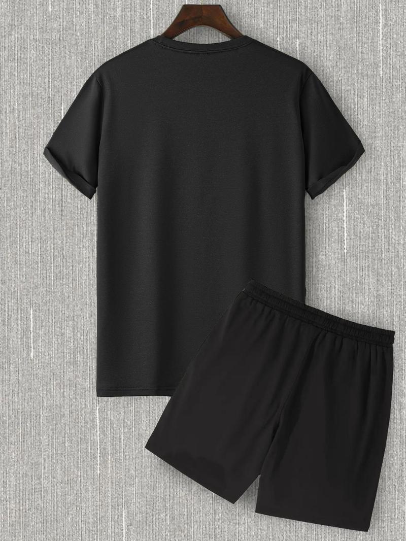 Product Introduction of Two-Piece Set Men's Letter Print Tee & Drawstring Pocket Shorts Set, Regular Fit Casual Short Sleeve T-Shirt & Shorts, Men Summer Outfits 2024 10