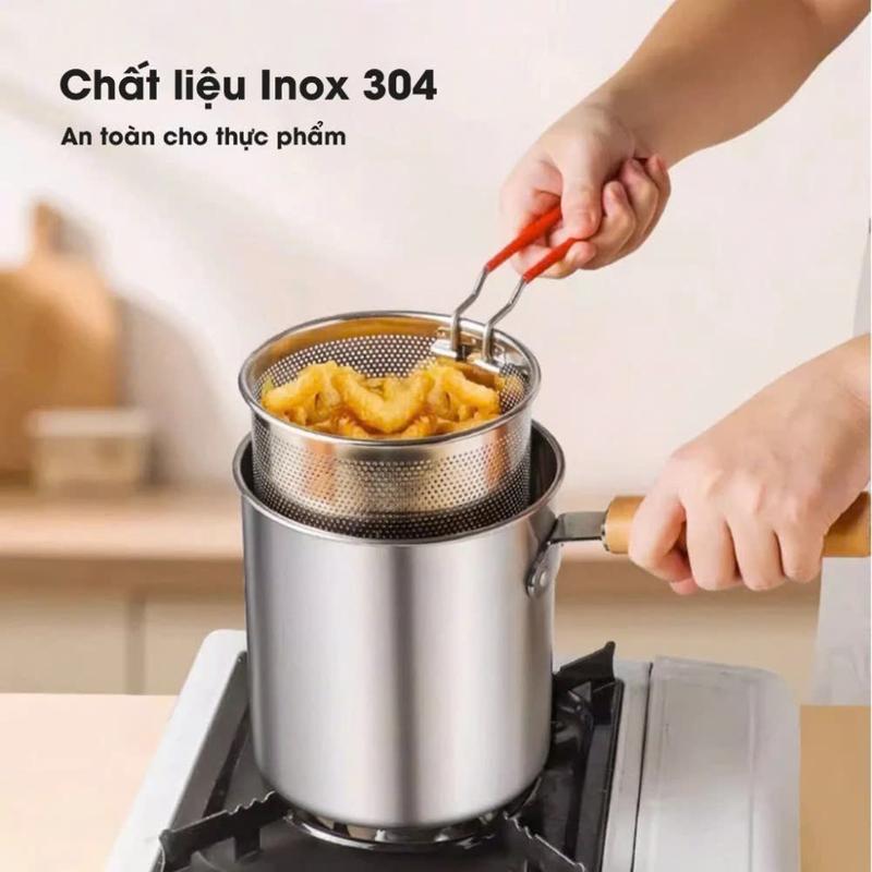 Bộ Nồi Chiên Nhúng Ngập Dầu Thép Không Gỉ 304 Kèm Rổ Lọc Dầu Không Gỉ Size 12x13