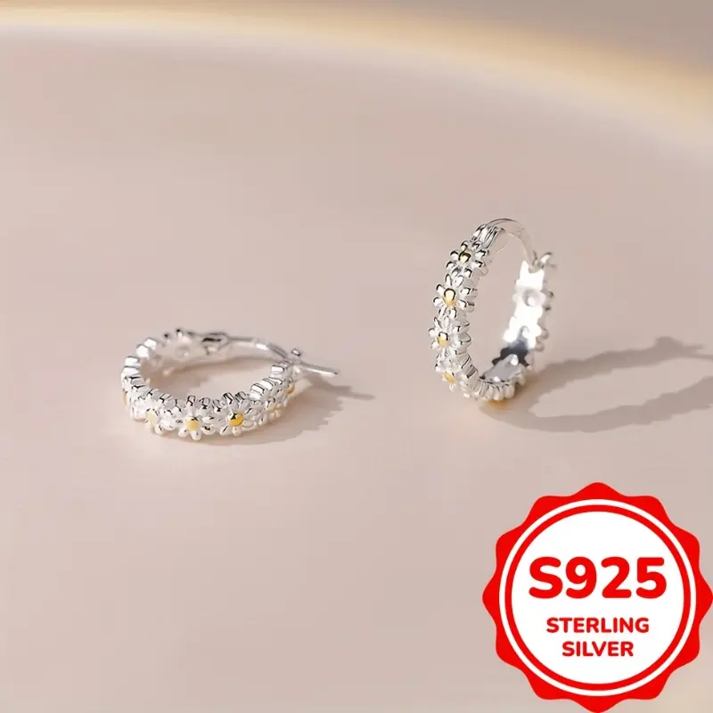 [Silver | Cute] 925 Sterling Silver | Cute Daisy Huggie Hoop Earrings For Girls Women | For Daily Jewelry Birthday Christmas Gifts (2.6g) 2