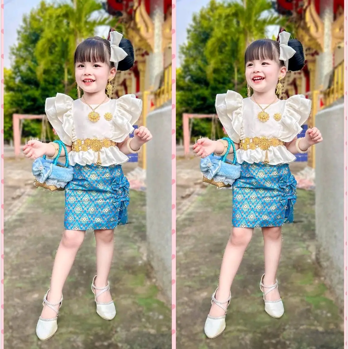 (รหัส IN)ชุดไทยเด็ก ชุดเซ็ต 3ชิ้น เสื้อแขนระบาย 2ชั้น+กระโปรงสั้นแต่งโบว์+คาดผม