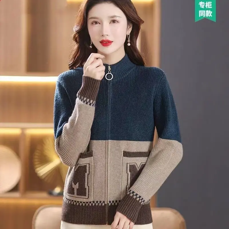Áo Khoác Cardigan Dệt Kim, Cao Cấp, Dành Cho Mẹ TRUNG NIÊN, Nữ Thanh Lịch, Có Thể Đeo Ngoài Trời, Cổ Chân Đế, Áo Len Có Khóa Kéo, Mùa Xuân Và Mùa Thu, Hàng Mới Về