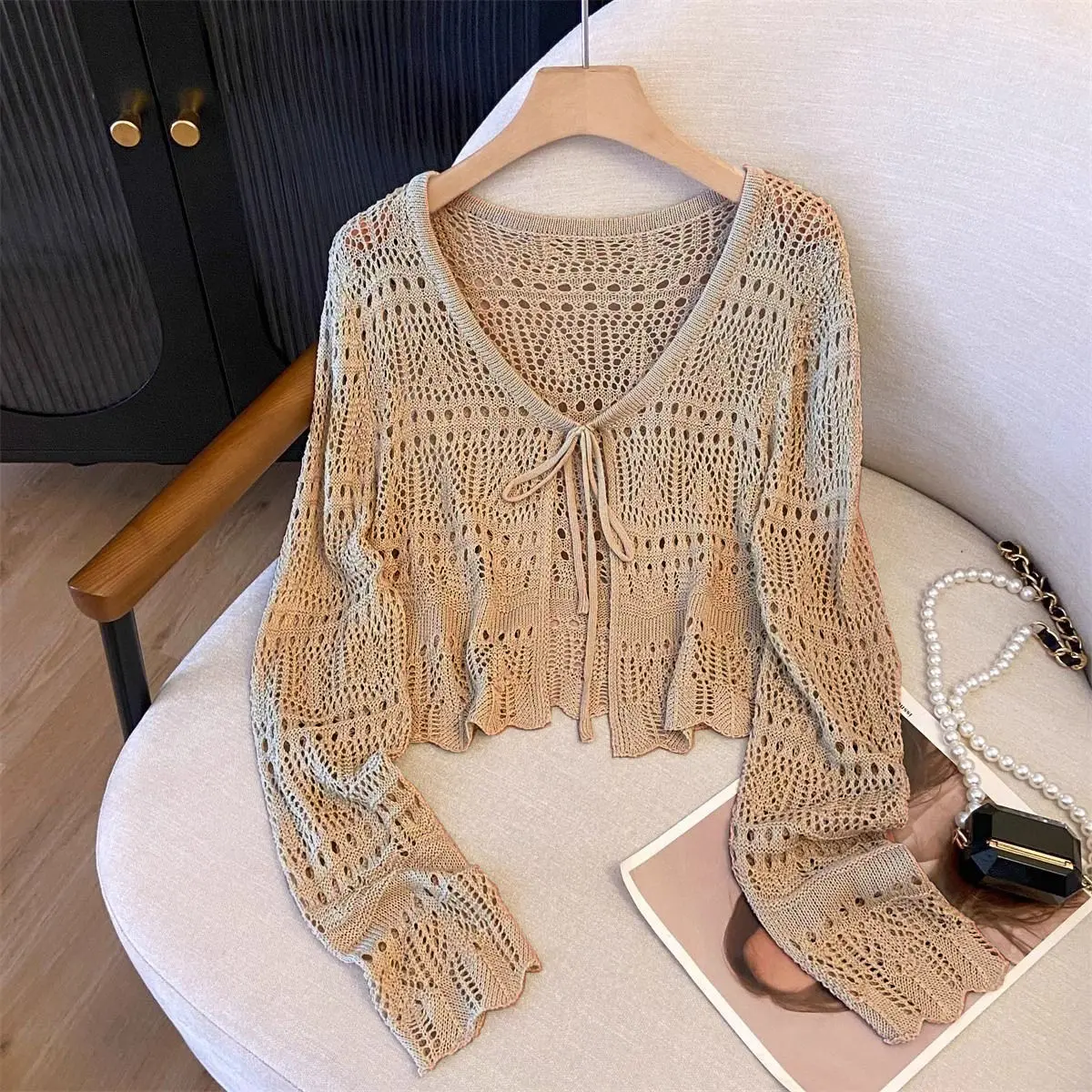 Áo Cardigan Đan Chống Nắng, Thiết Kế Phong Cách Pháp, Khoét Lỗ, Mỏng, Dài Tay, Dáng Ôm, Trẻ Trung, Áo Khoác Ngắn, Dành Cho Nữ Women Top