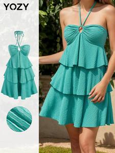 YOZY Women's Plain Tiered Layer Halter Neck Dress, Casual Sleeveless Short Dress for Summer, Ladies Clothes for Beach Holiday