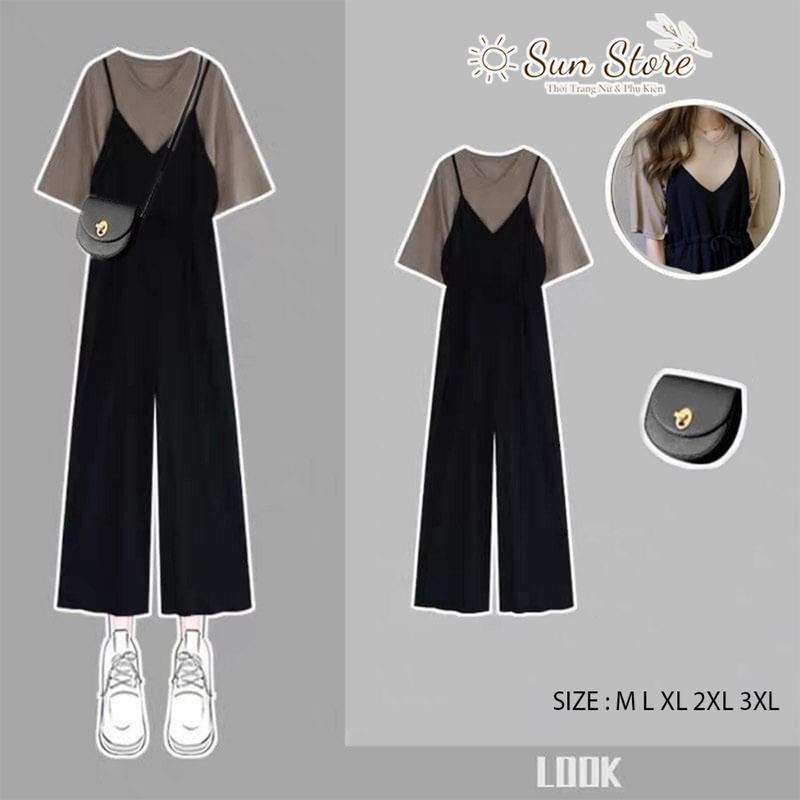 Set Bộ Đồ Nữ Quần Yếm Xuông Dáng Lửng Chất Thun Co Dãn Thắt Eo Mix Áo Thun Cổ Tim Tay Ngắn Size Lớn Đến 75kg Top Women - Màu đen set  noel set  yếm bộ  xước set  yếm set  trễ