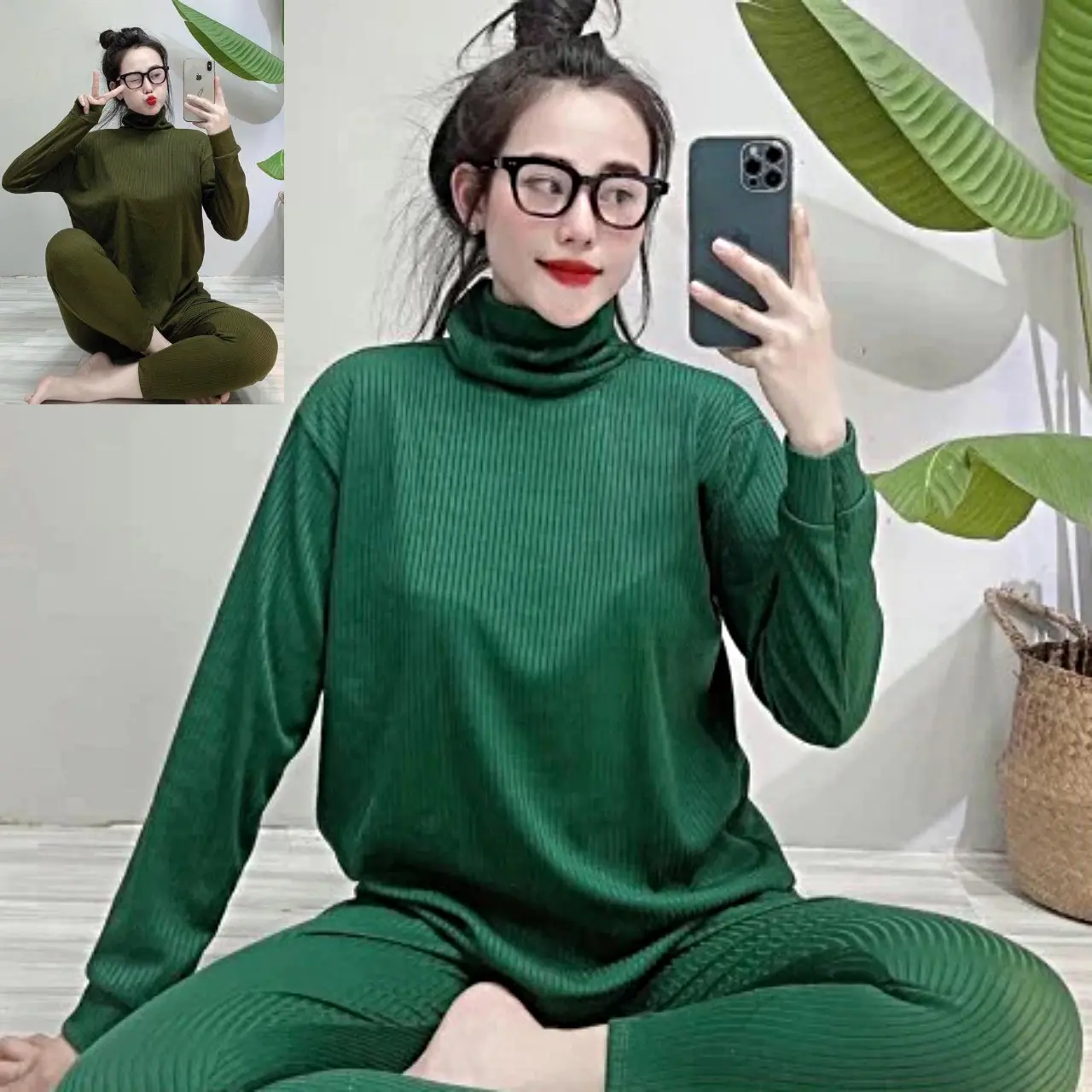 B-06 bộ ủ kem Cổ lọ chất thun tăm lạnh quần dài 2 túi