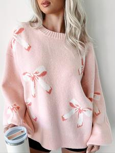 Christmas Gift Women's Bow Print Drop Shoulder Sweater, Casual Long Sleeve Round Neck Jumper for Fall & Winter,  Jumpers for Women, Fashion Ladies' Knitwear for Daily Wear