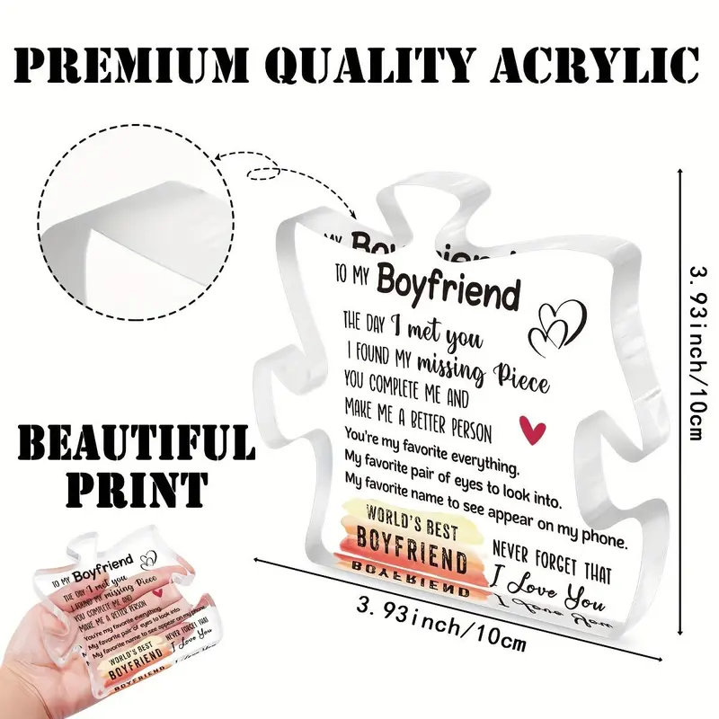 To My Boyfriend Heart & Letter Pattern Puzzle Shaped Acrylic Plaque, Creative Desktop Ornament, Decorative Plaque for Home Living Room Bedroom Office, Valentines Gift for Him 1