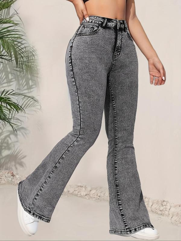 【Plus Size】 Solid Color Button Fly Flare Leg Jeans, Casual Pocket Design Bell Bottom Trousers for Daily Wear, Women's Bottoms for All Seasons 4