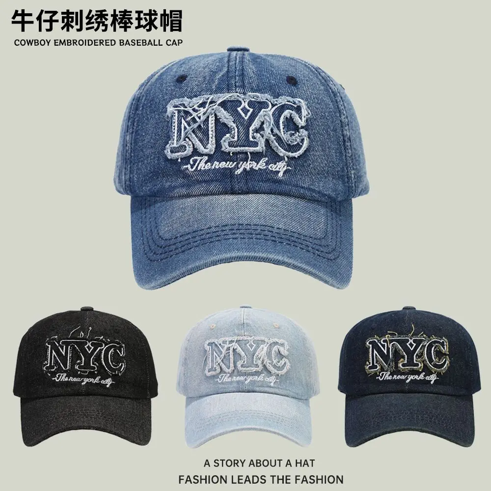 Mũ Bóng Chày, Phong Cách Mùa Xuân Hè Hàn Quốc, Thiết Kế NYC Chữ Cái, Dành Cho Nam Và Nữ, Chu Vi Đầu Lớn, Chất Liệu Denim, Mũ Che Nắng Thường Ngày Hợp Xu hướng