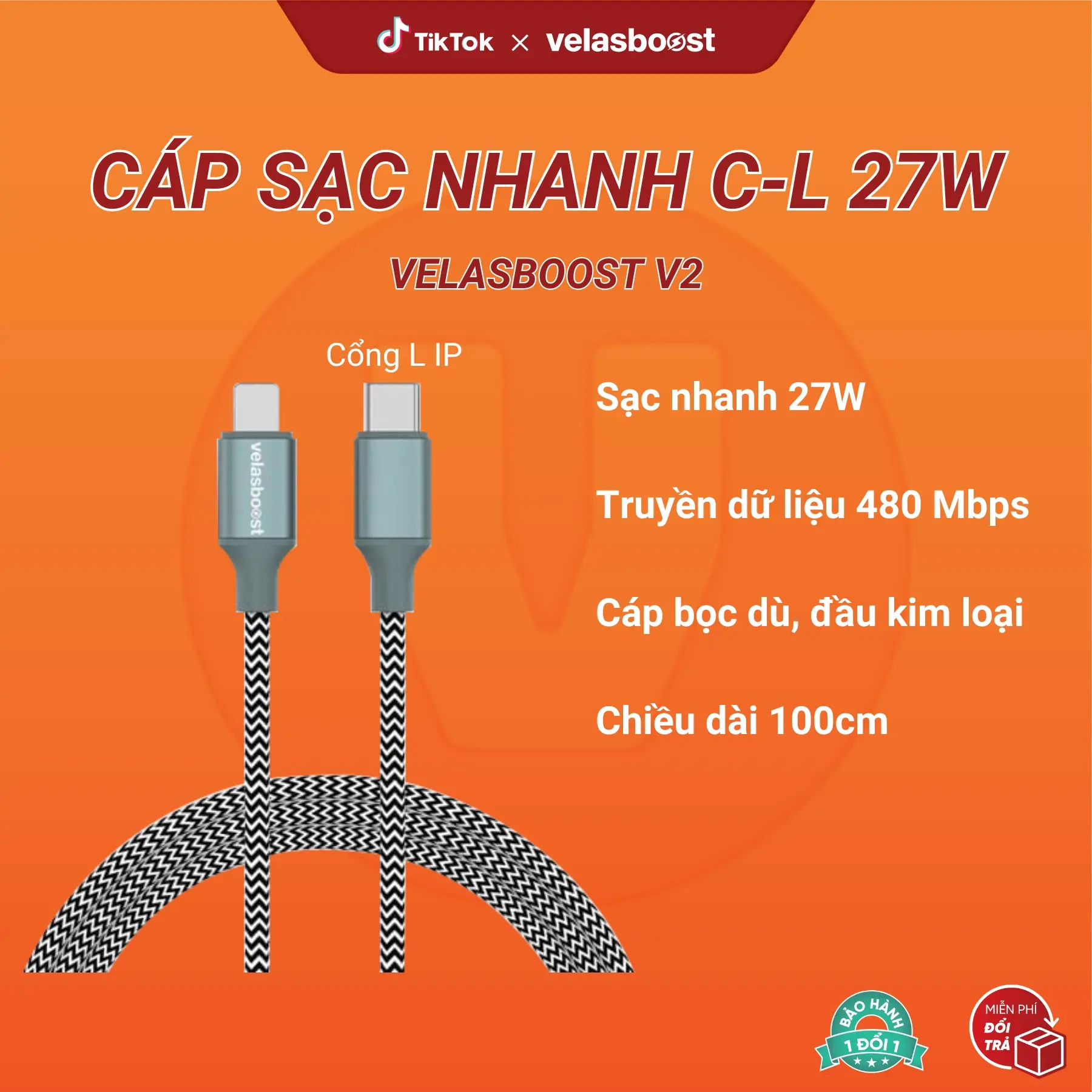 Cáp sạc nhanh 27W C-L velasboost V2, Dài 100cm, Cáp bọc dù, Đầu kim loại, Truyền dữ liệu, Bảo hành lỗi 1 đổi 1 - Phụ kiện điện thoại