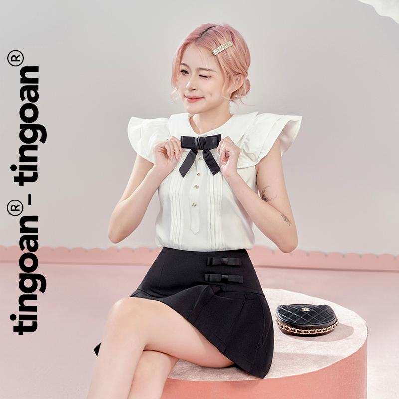 TINGOAN x TIKTOKSHOP - Áo somi vai bèo cổ bẻ phối cúc nơ đen EMMA TOP