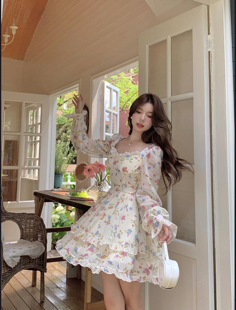 Product Introduction of Đầm Tiểu Thư Ulzzang Chất Voan Hoa Nhí Form Ngắn Xoè Tay Dài 3