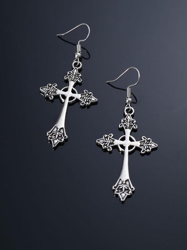 1 Pair Women's Street Trend Gothic Cross Dangle Earrings, Vintage Trendy Drop Earrings, Fashionable Jewelry As Birthday Gift for Girlfriend 0