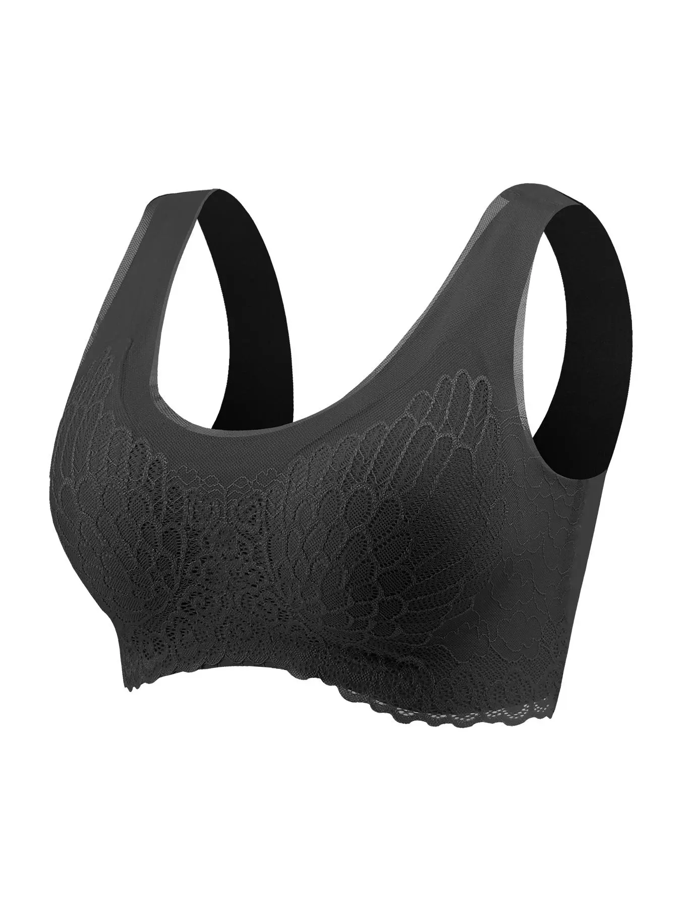 Women's 1 Piece Contrast Lace Wireless Bra, Push Up Bra, Solid Color Crop Tank Top, Soft Comfy Breathable Push Up Lingerie Top for All Seasons