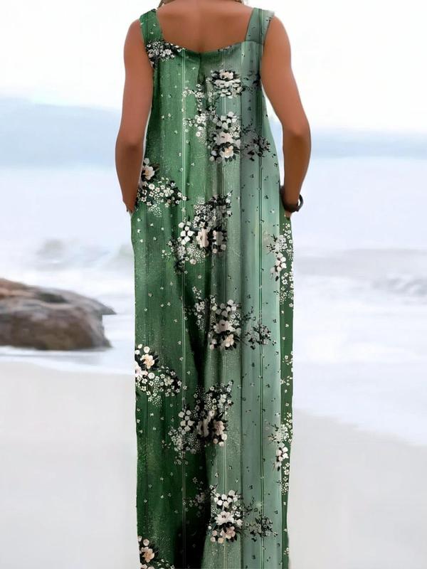 【Plus Size】 All Over Floral Print Button Design Overall Jumpsuit, Casual Boho Sleeveless Wide Leg Jumpsuit for Beach Holiday Vacation, Women's Clothes for Summer, Bohemian Womenswear 6