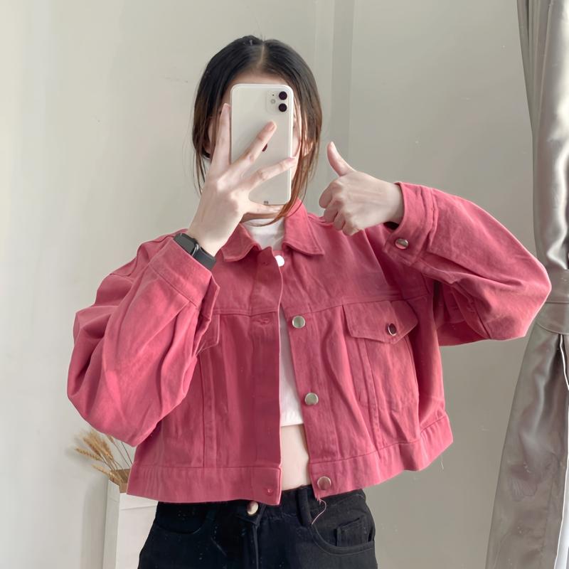 Áo Khoác Jean Nữ Hai Nắp Túi Trơn Màu Phom Vừa Tay , Có Cổ - Menswear Top Women Jacket 2