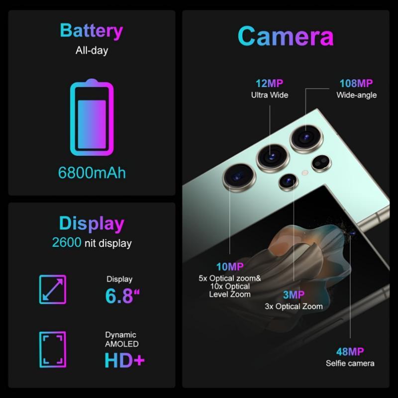 Touchscreen Smartphone, 6.78-inch Display, Dual-SIM, Facial Recognition And Fingerprint Unlocking, Sleek Metal Design, Suitable for Office, Gaming, Ideal Holiday Gift 2