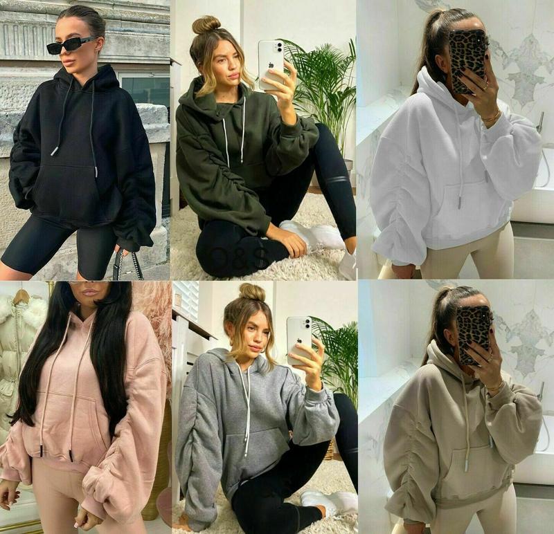 Womens Ruched Sleeve Fleece Oversized Hoodie Top Ladies Sweatshirt Hooded Jumper 1