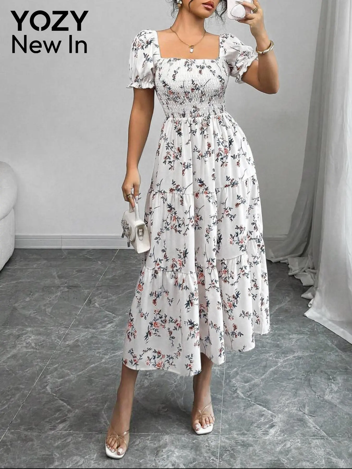 YOZY Women's Floral Print Shirred Dress, Elegant Fashion Casual Square Neck Puff Sleeve Dress for Daily Outdoor Wear, Women Dress for Summer